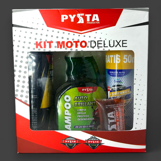 KIT MOTO DELUXE BLACK XS (POLYLLANTAS-SHAMPOO-SILICONA-DESENGRASANTE)