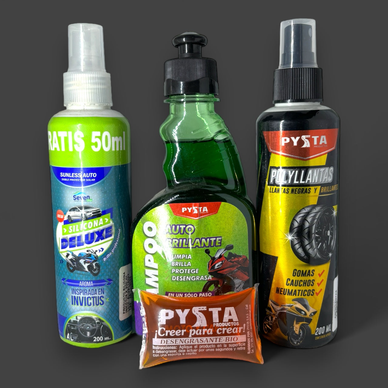 KIT MOTO DELUXE INVICTUS (POLYLLANTAS-SHAMPOO-SILICONA-DESENGRASANTE)